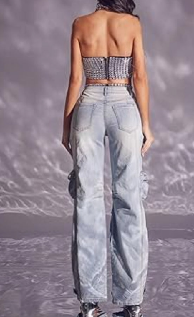 High Waisted Cargo Jeans Rhinestones Bling Stretchy Baggy Denim Pants with Flap Pockets