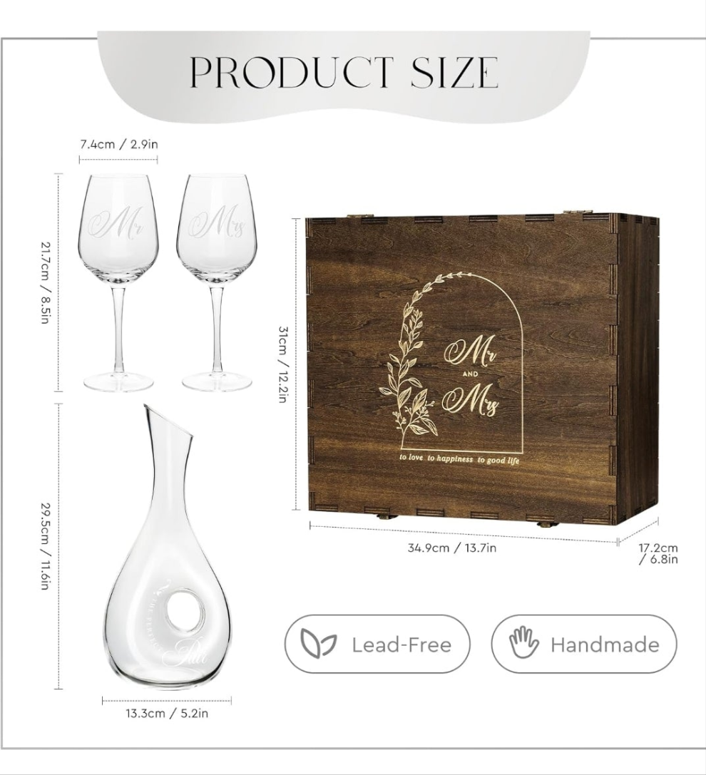 Mr and Mrs Wine Glasses and Decanter Set, Wedding Bridal Shower Engagement Gift for Couples, Wedding Glasses for Anniversary Bride Bachelorette with Wood Keepsake Box