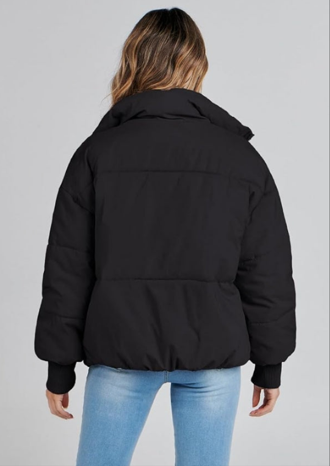 Long Sleeve Zip Puffer Jacket Pockets Baggy Short Coats
