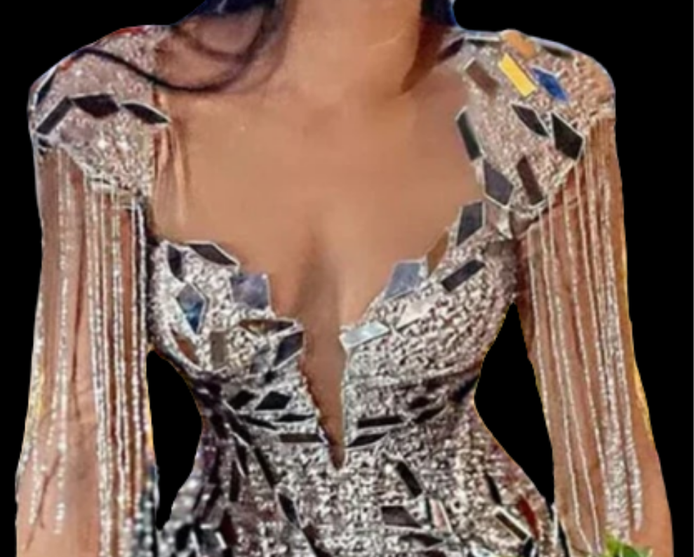 Sparkly Rhinestone Fringe Epaulet Sheer Mesh Sequin Party Mini Dress - Silver COCOMONEY