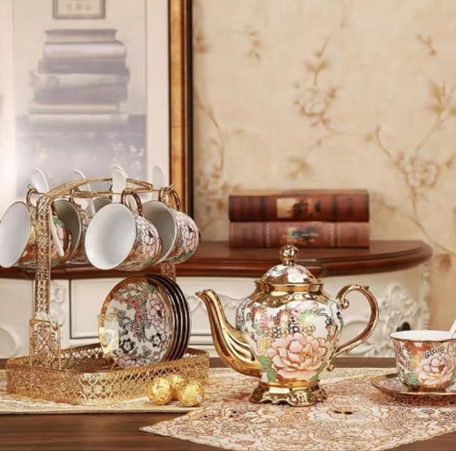 Gold Plated Red Rose Ceramic Tea Set, Vintage Tea Set with Teapot, Beautiful Tea Set Coffee Serving 6 People (red, large)