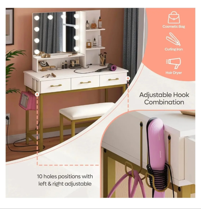 Vanity Desk with Mirror and Lights, Makeup Vanity with Wider Cushioned Stool, Vanity Set with USB Power Outlet, 3 Drawer,White (White One Size)