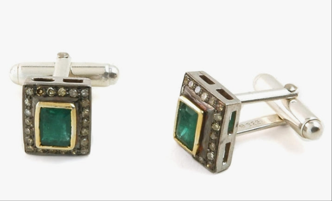 Green Emerald Gemstone Cufflinks For Men Square Shape 925 Sterling Silver – 1.85 Cts Emerald Birthstone 0.54 Carat Brown Diamond (I2-I3 Clarity) Festive Wedding Outfit Buttons For Men (2 Pieces)