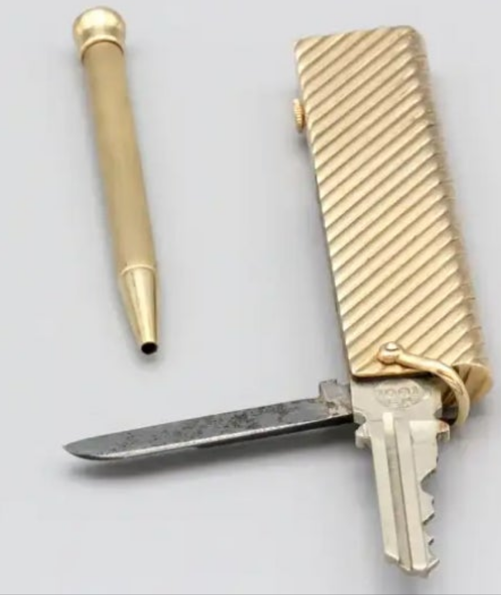 14k Gold Verdura Gold Utility Knife and Key with Clock and Hidden Pencil and mystery key exciting