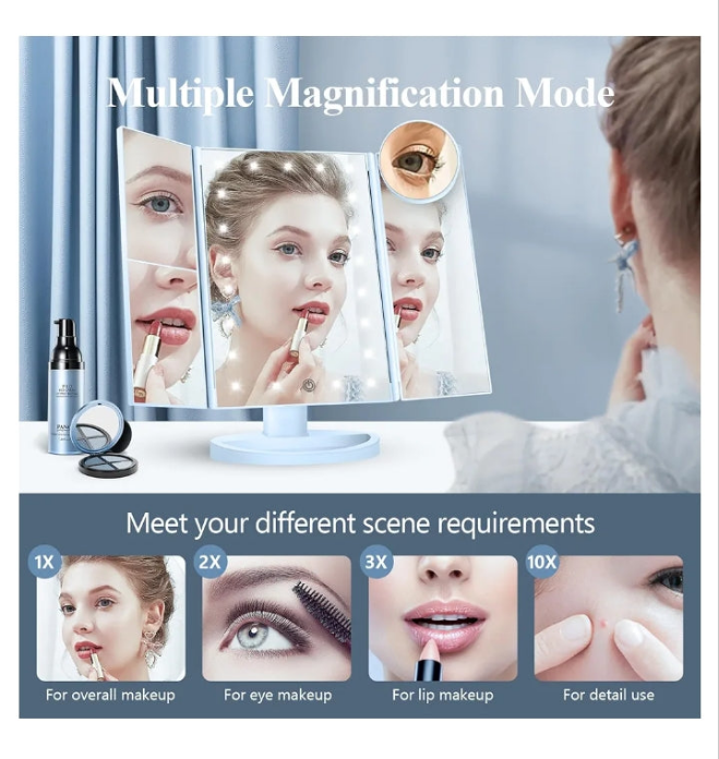 Makeup Mirror Vanity with Lights, 2X 3X 10X Magnification, Lighted Mirror, Touch Control, Trifold Dual Power Supply, Portable LED