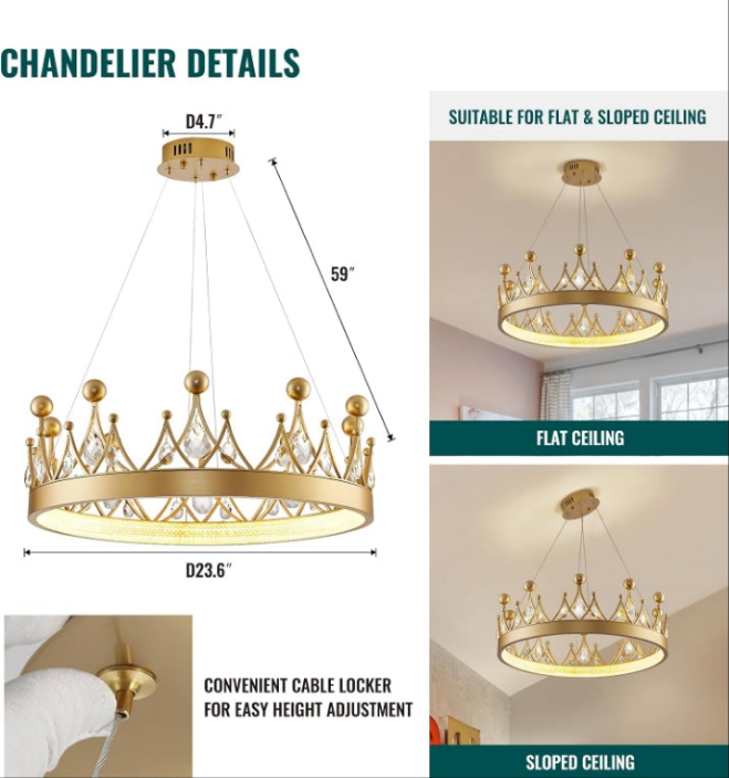 Crystal Chandelier D23.6'' Gold Round LED Crown Chandelier Contemporary Semi Flush Mount Ceiling Light for Nursery Girls Room Dining Room Bedroom