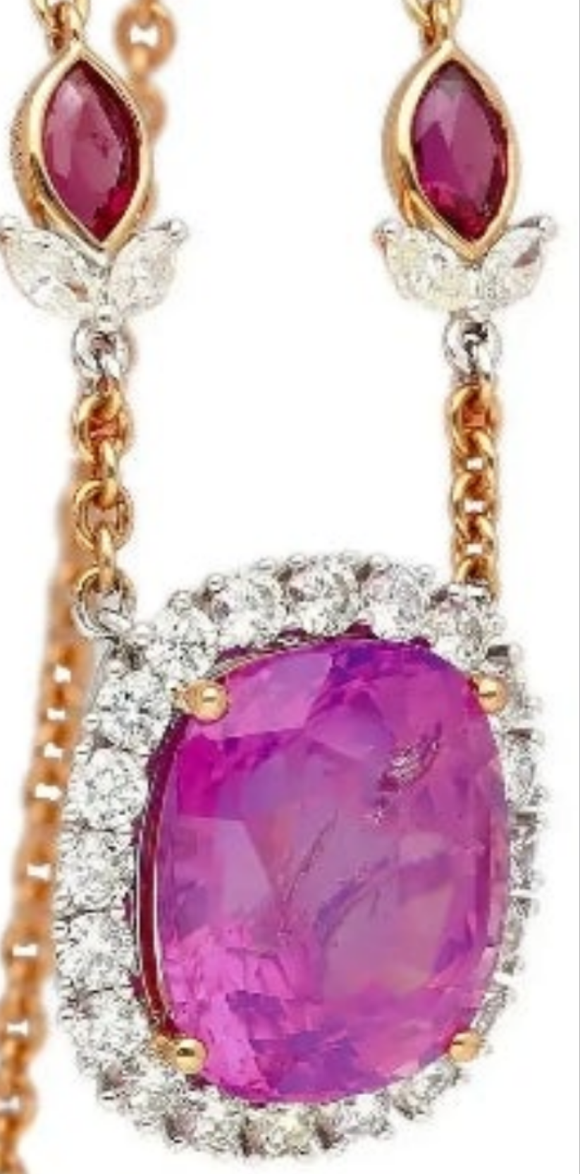 AGL Certified 10.26 Carat Cushion Cut Pink Sapphire, Ruby, & Diamond Necklace