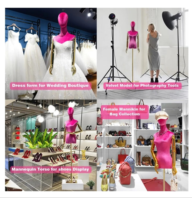 Rose Red Velvet Dress Form Mannequin, Woman Dark Shinning Velvet Half Body Torso with Golden Arms, 1 Color (Rose Red)