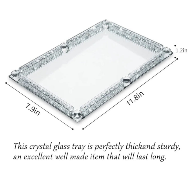 Mirror Crystal Perfume Tray,Crushed Diamond Filled Crystal Glass Tray,Cosmetic Makeup Vanity Tray,Jewelry Trinket Tray,Serving Tray for Home Decorative,Party,Hotel Banquet