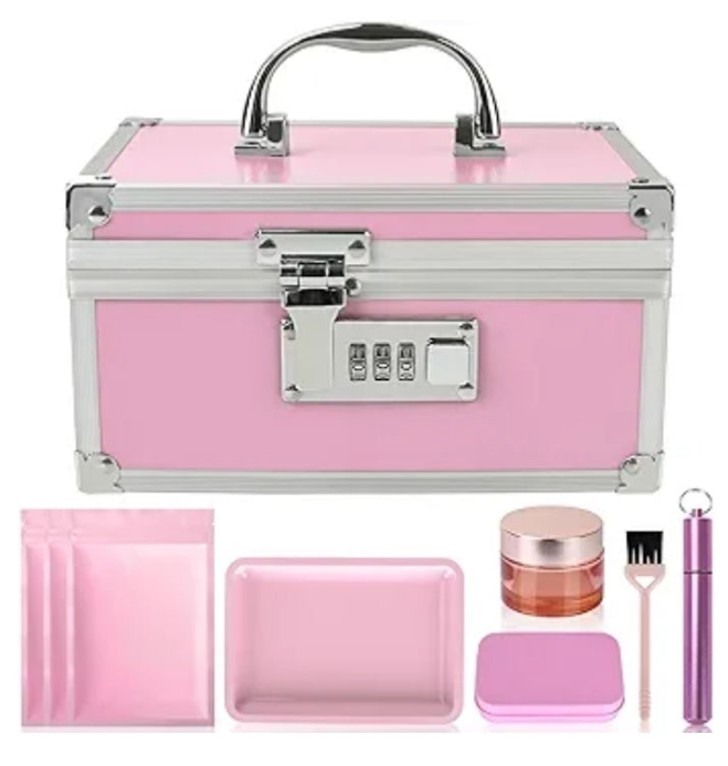 Safe Locking Box With 6 Accessories, Aluminum Medicine Case for Home and Travel,Childproof Pill Box Organizer, Lock box for Valuables, 7.66''x 5.12''x 4.13'' (Pink Set)