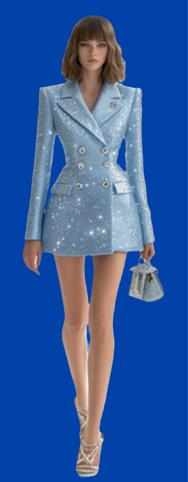COCOMONEY Lapel Double-Breasted Sequin Mini Dress-Light Blue