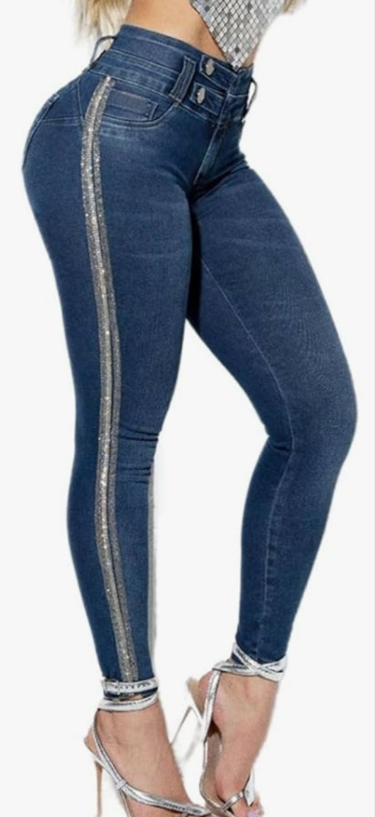 Sequin & Rhinestone Decor Dual Button Skinny Jeans High Waist Casual Pants