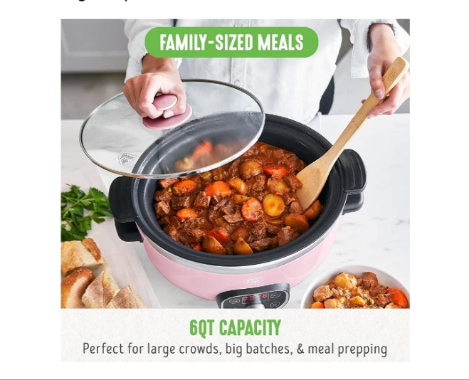 6QT Slow Cooker, Non-Toxic Ceramic Nonstick Removable Interior Bowl, Programmable, Family Friendly, Keep Warm, Stovetop & Oven Safe, Dishwasher Safe Parts, Timer, Glass Lid,