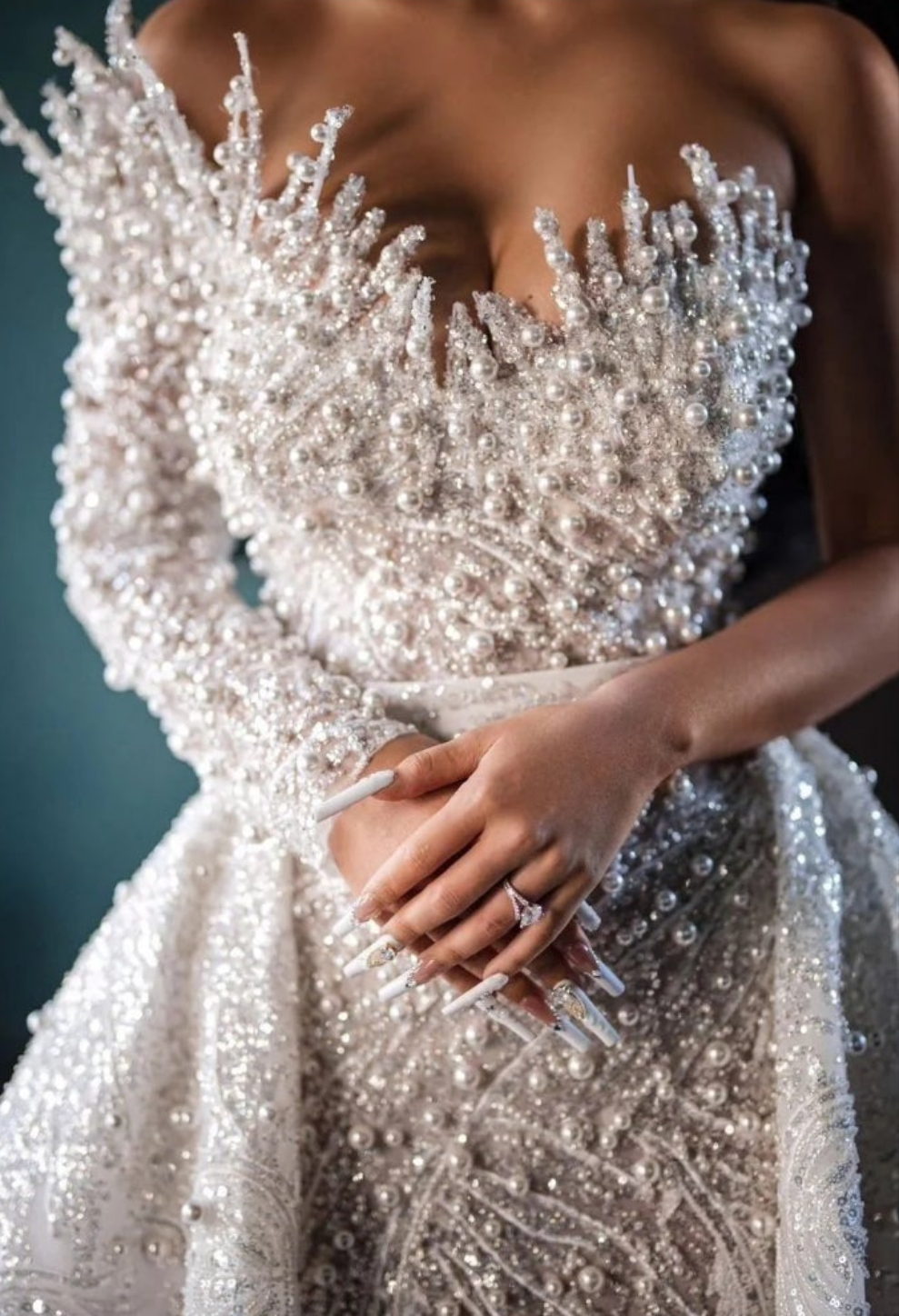 Stunning Long White One Shoulder A-line Beading Pearls Long Sleeve Weeding Dress With Train