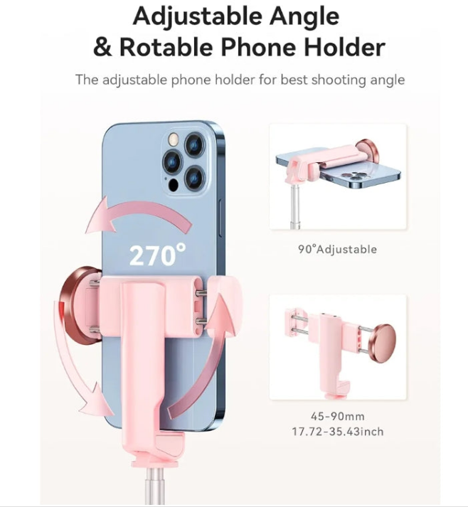 Extendable and Portable Phone Tripod Selfie Stick with Bluetooth Remote for iP 14 13 12 11 Pro Max Android Smartphone and More, Pink
