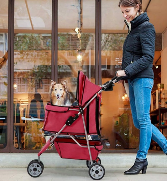 Red Pet Stroller Cat Dog Cage 3 Wheels Stroller Travel Folding Carrier