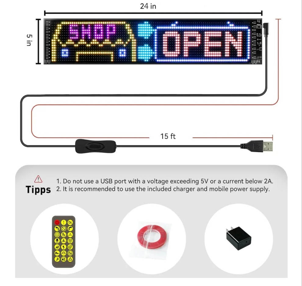 24''x5'' Programmable LED Sign with Bluetooth Control, Flexible Scrolling LED Signs for Business, Custom Text & Adjustable Brightness & IP65 Waterproof, USB 5V Digital Sign for Car Store Bar Hotel
