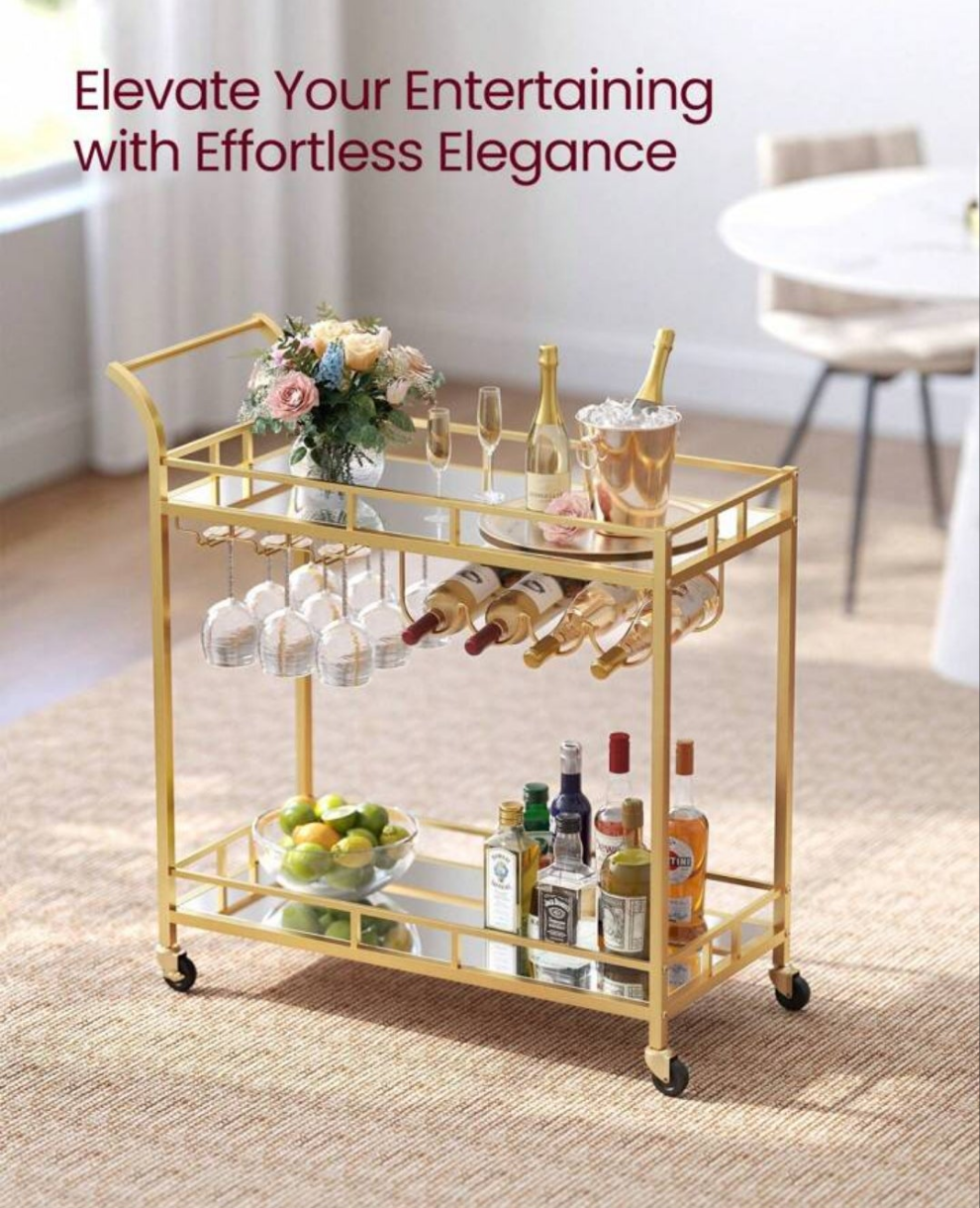 Bar Cart , Home Bar Serving Cart, Wine Cart With 2 Mirrored Shelves, Wine Holders, Glass Holders, For Kitchen, Dining Room stainless steel