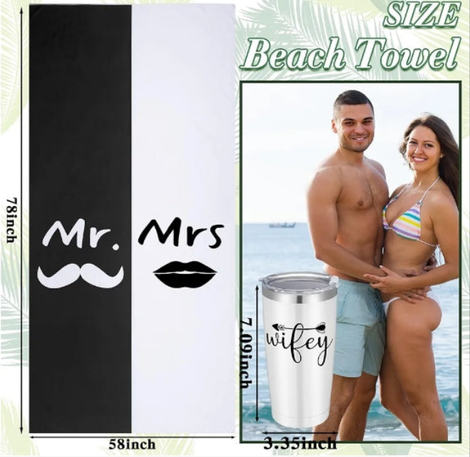 14 Pieces Wedding Gifts for Couple Mr and Mrs Honeymoon Gifts Bride and Groom Gifts Include Wedding Towels 20 oz Wine Tumbler Hat Passport Holder Baggage Tag Glass Bottle Honeymoon Tote Bag