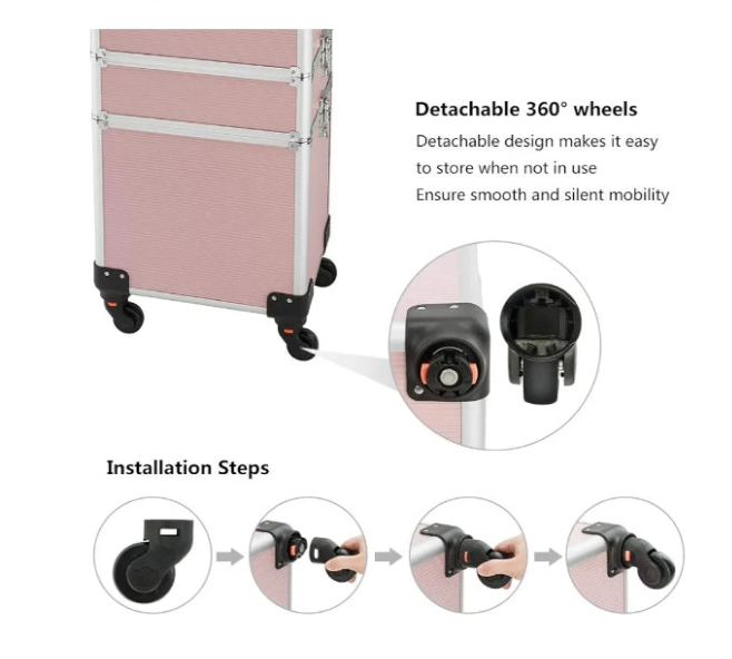 4 in 1 Rolling Makeup Train Case, Aluminum Makeup Travel Organizer Cosmetic Case, Cosmetology Display Suitcase on Wheels, Beauty Storage Luggage Lockable w/4 Removable Wheels