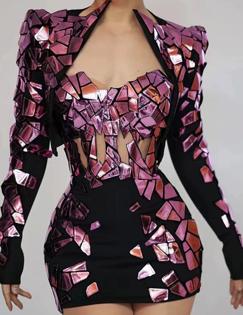 COCOMONEY Mirror Sequin Patchwork Square Neck Mini Dress-Black