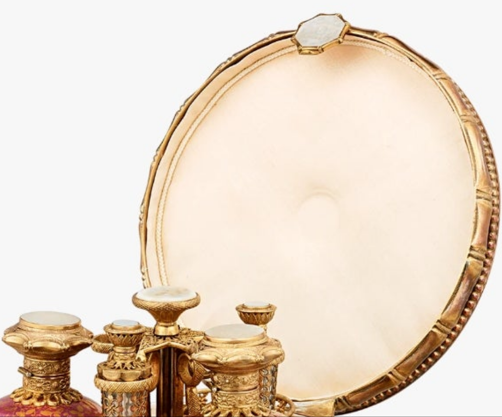 Fabulous Piece A Palais-Royal Mother-of-Pearl Perfume Box and Flasks made of crystal gilt bronze and pink opaline glass. Absolutely stunning. π