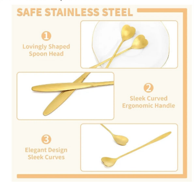 16 Pieces Heart Shaped Spoon Coffee Teaspoon 7 Inch Set Stainless Steel Long Handle Spoon Stir Bar Spoon Stirring Spoon Ice Cream Spoon Gold