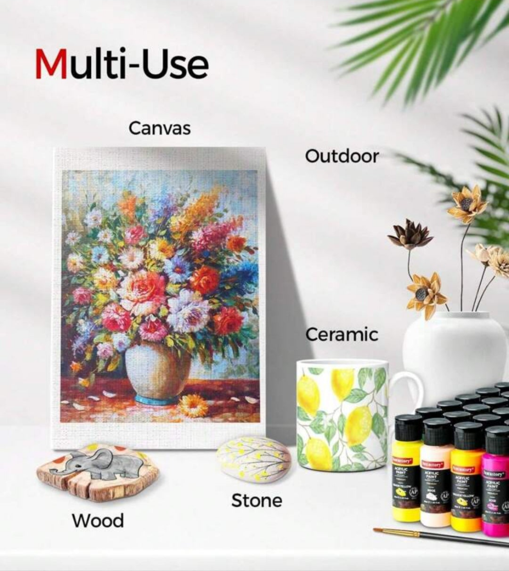 24 Colors(2oz/60ml) Acrylic Paint Set With 12 Brushes, Craft Paint Supplies For Adults Artists Kids Beginners, Painting Supplies For Ceramic, Wood, Fabric, Model, Rock, Canvas Paint Set