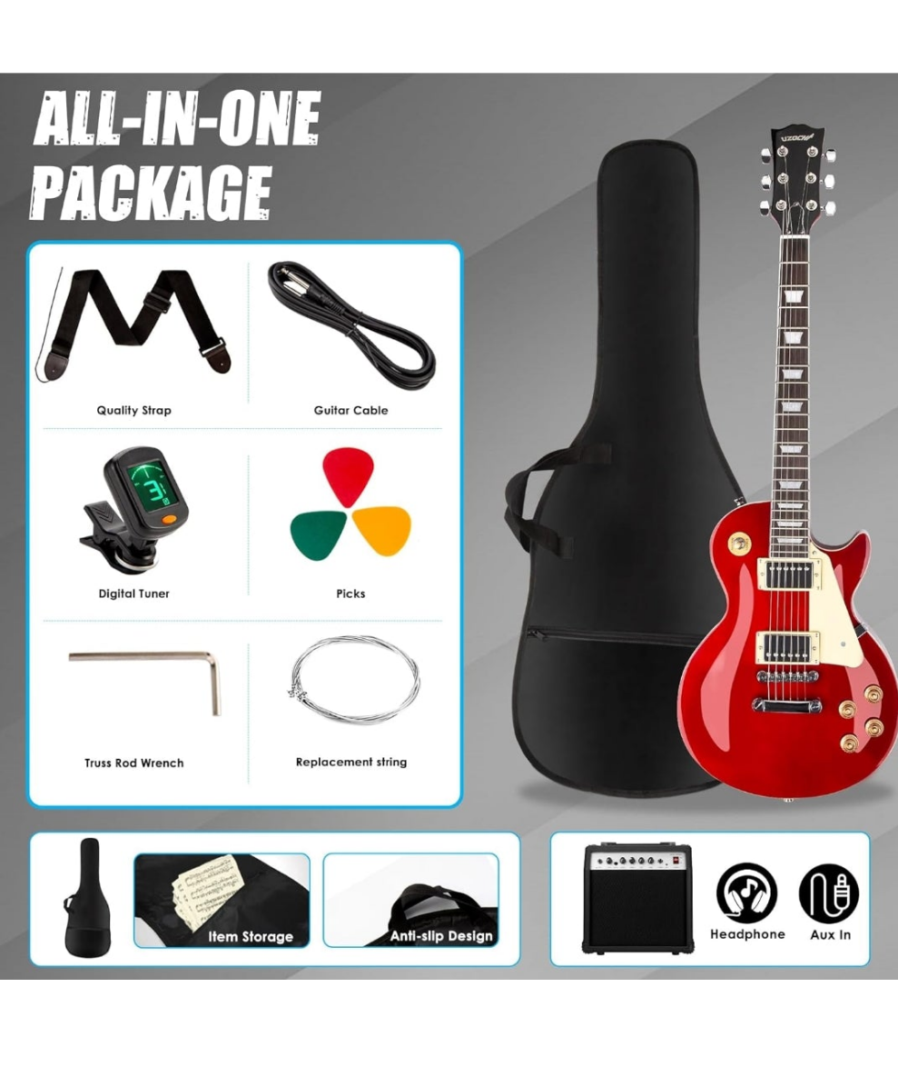 LP Electric Guitar Beginner Kit with 20W Amp & All Starter Accessories, Solid Body, Mahogany Wood