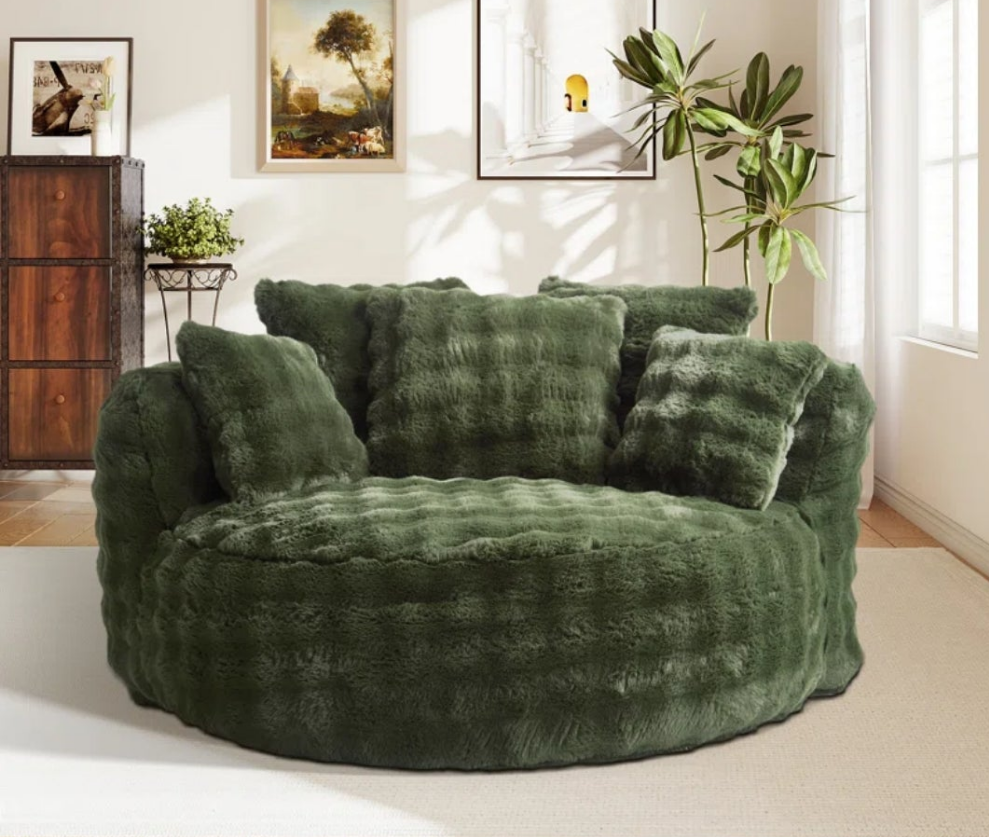 Oversized Faux Fur Round Barrel Accent Chair Pillow Back Large Sofa Chair, No Assembly Required
