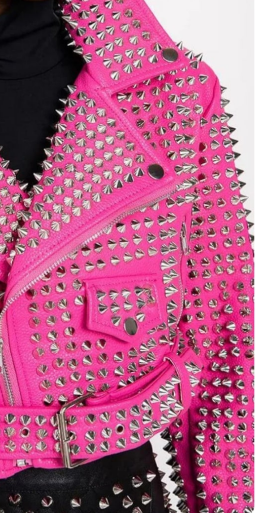 Women's Hot Pink Studded Leather Moto Jacket COCOMONEY
