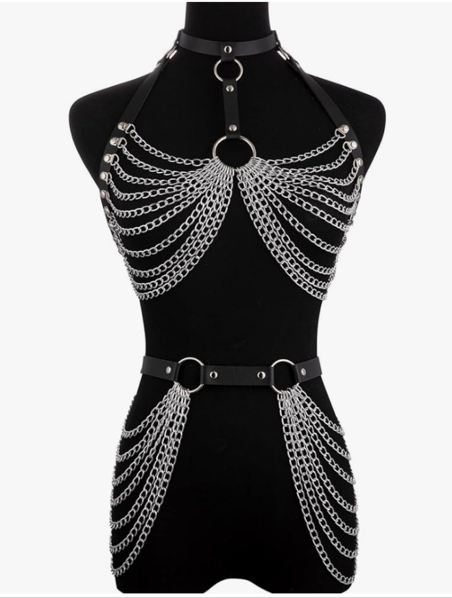 Leather Body Chains for Women Layered Waist Belly Chain Belt Black Chest Chain Gothic Party Rave Body Jewelry