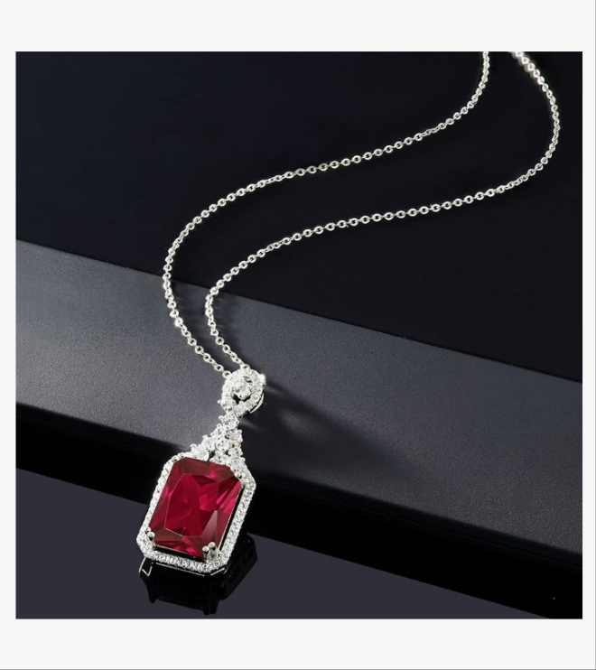 Gem Stone King 925 Sterling Silver Red Created Ruby Pendant Necklace For Women (5.60 Cttw, Emerald Cut 14X10MM, with 18 Inch Silver Chain)