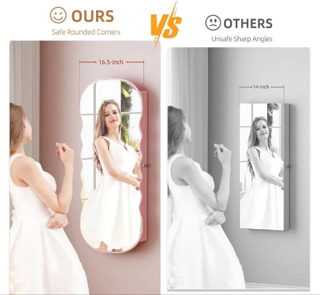 Jewelry Cabinet Door Hanging, LED Wavy Mirror Wall Mounted Jewelry Organizer, Over The Door Mirror With Storage, Lockable Jewelry Armoire with Full Length Mirror,