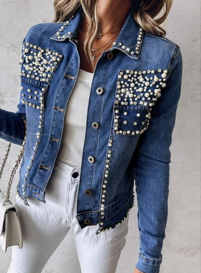 Pearls Denim Jacket Cropped Rhinestones Jean Blazer Coat