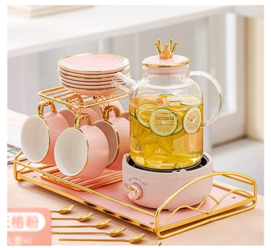 Queen tea set Mini Automatic Flower Tea Stew Electric Kettle Set (Color : Pink, Size : 1.8L