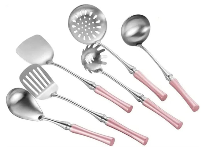 Pink Kitchen Utensils Set, 6 Pieces Stainless Steel Kitchen Utensils, Non-Stick and Heat Resistant Cooking Utensils Set, Kitchen Tools and Gadgets (Pink)