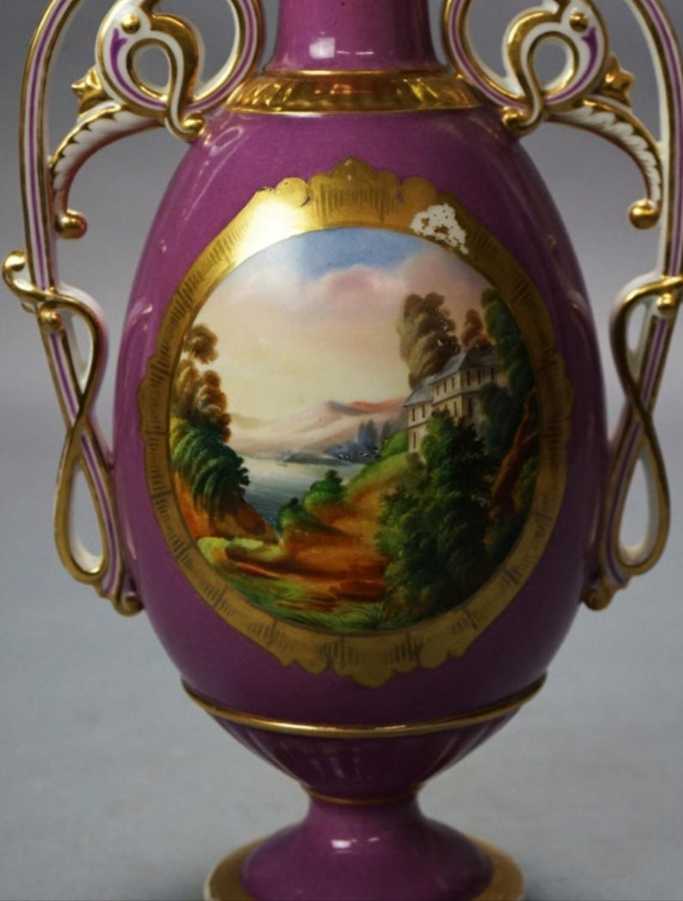 Antique Old Paris Porcelain Scenic Landscape Vase with Scroll Form Handles