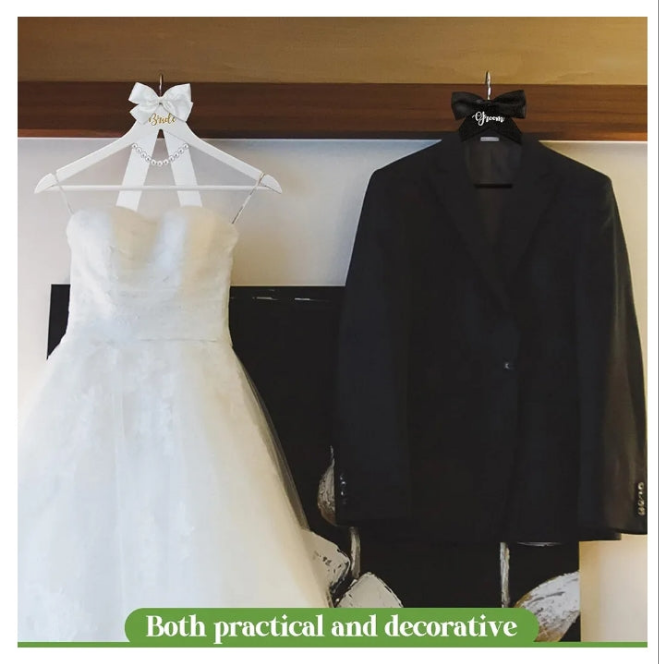 2 Pack Bride Hanger Groom Hanger Wedding Hangers with Ribbon Bow for Wedding Dress Suit Wedding Gift