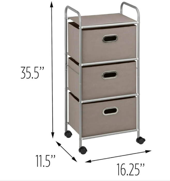 3 Drawer Rolling Cart - Gray CRT-06248 Grey 11.5 in L x 16.125 in W x 35.5 in H (29.2 cm L x 41 cm W x 90.2 cm H)