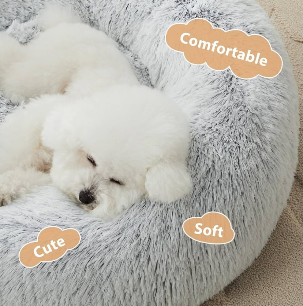 Calming Dog Cat Bed Donut, Faux Fur Pet Bed Self-Warming Donut Cuddler, Comfortable Round Plush Dog Beds