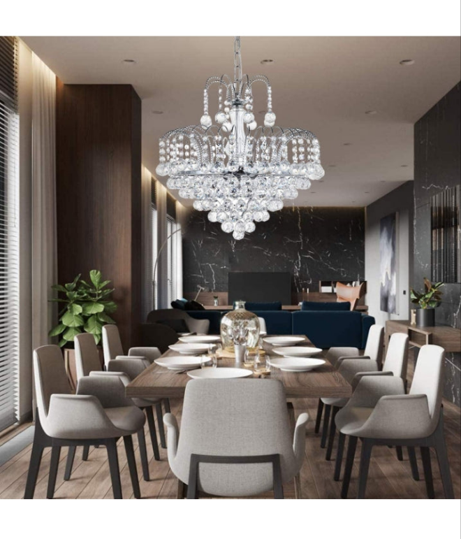 Crystal Chandelier Clear K9 Crystal Ball Raindrop Ceiling Light Fixture with 6 Lights Luxurious Elegant Pendant Lighting for Dining Room Living Room Bedroom Hallway Stairway Home Decor