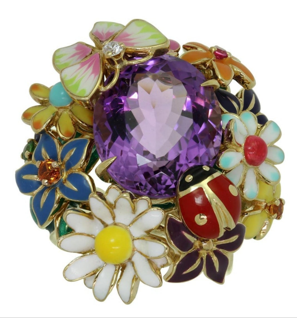 CHRISTIAN DIOR Diorette Amethyst Diamond Gemstone Yellow Gold Large Ring 19k White Gold