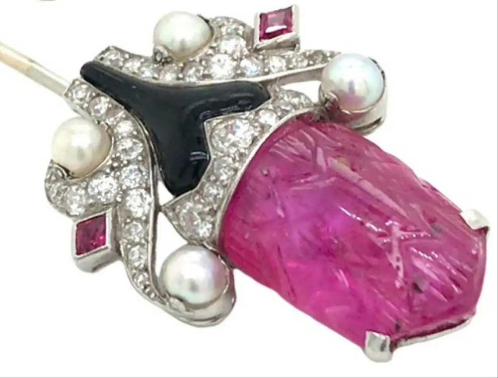 Cartier, Platinum 18K Gold Ruby Pearl Enamel Diamond Jabot Brooch, IAJA, GIA Diamonds: Approximately 0.32 ct Burma No-heat carved Ruby: