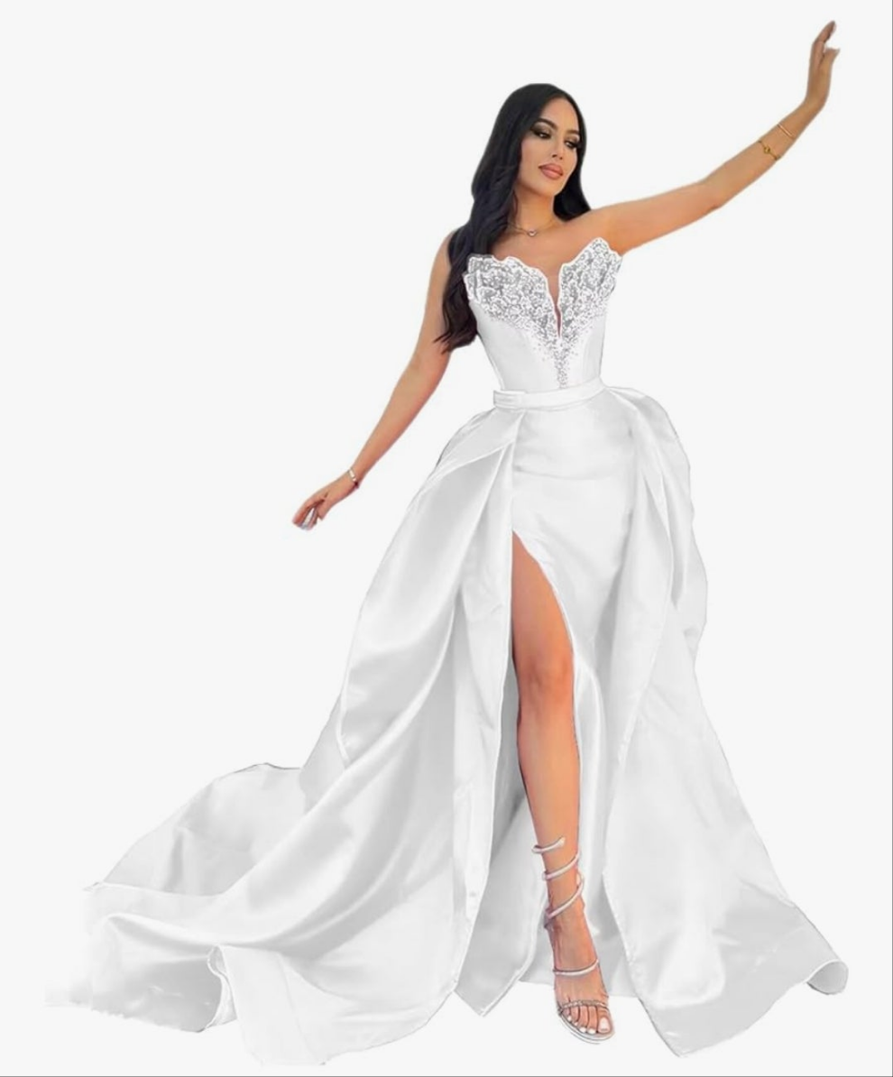 Satin Wedding Dresses for Women Beaded Strapless Mermaid Formal Gowns and Evening Dresses