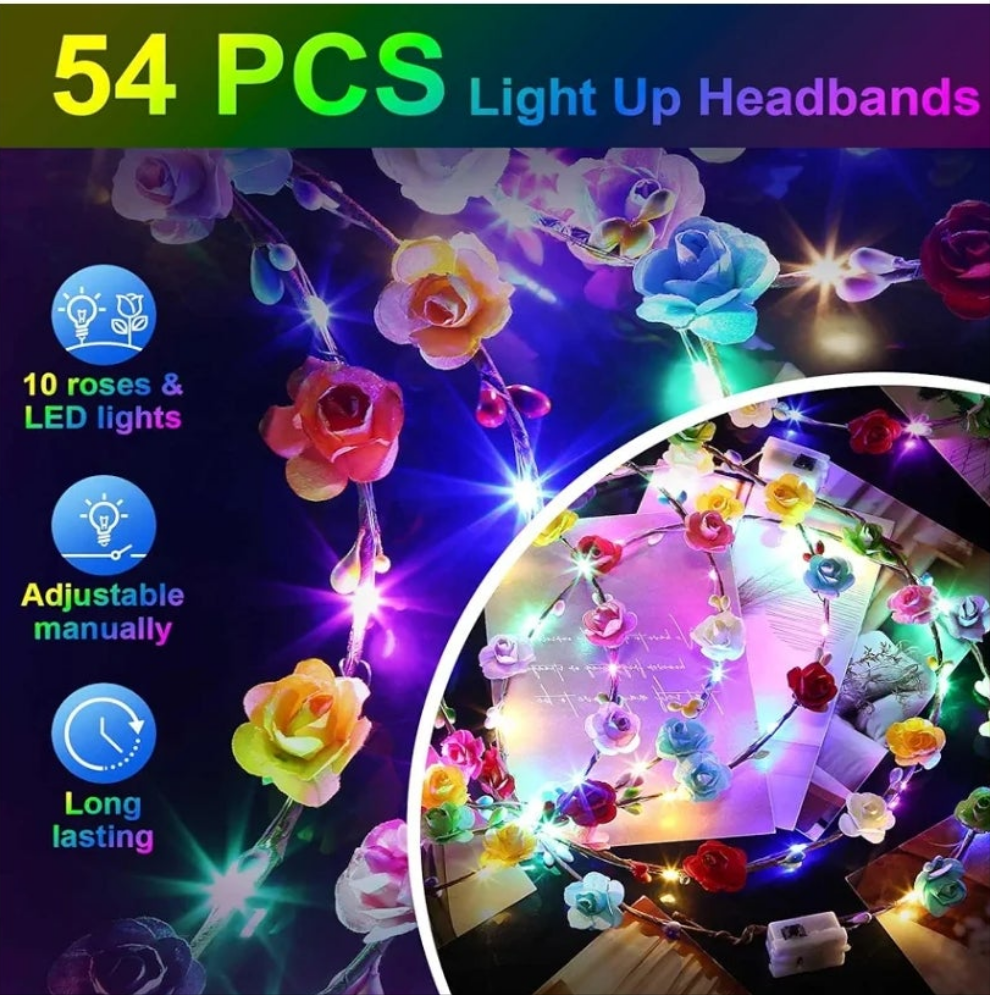 LED Flower Crowns Headbands, Light Up Flower Crowns For Women, Glow in the Dark Headband for Wedding Reception Birthday Christmas Mardi Gras Cosplay Princess Party Favors