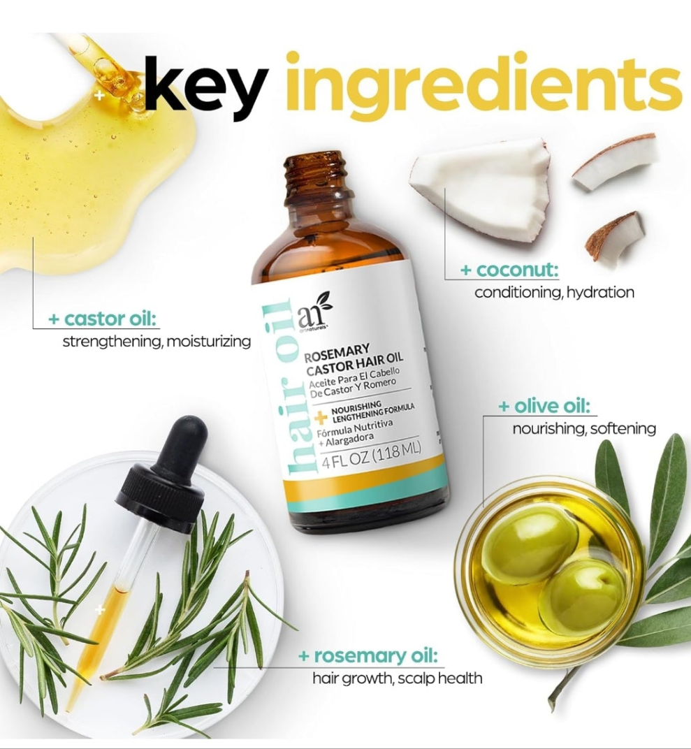 Organic Rosemary & Castor Hair Growth Oil + Scalp Massager Set – Hair Styling Oils for Dry, Itchy Scalp, Thickening & Hydration - Scalp Oil Products For Damaged Hair & Split Ends – 4.0 oz