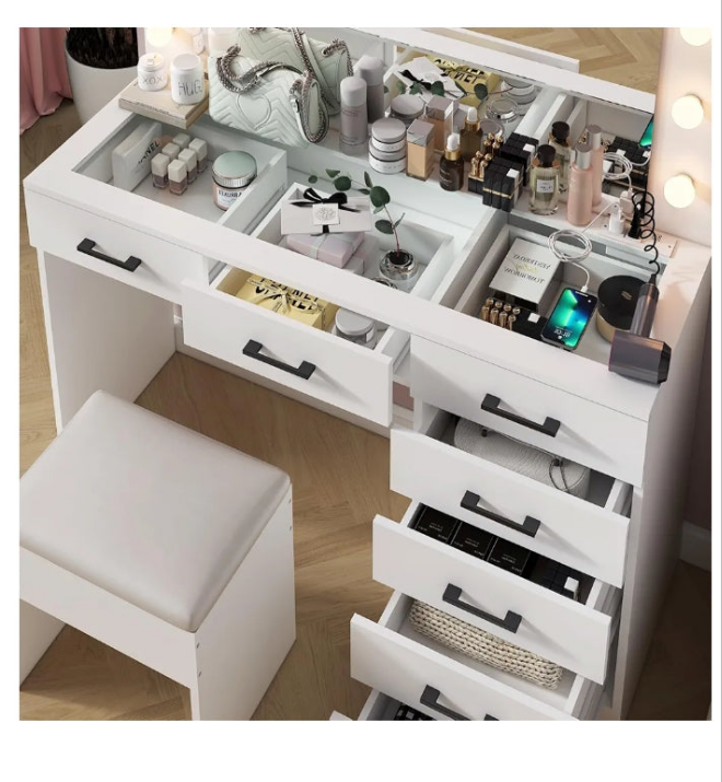 Vanity Desk with Large Lighted Mirror & Powre Outlet, Glass Tabletop Makeup Vanity Set with 7 Drawers, 45.3" Vanity Table with 3 Color Lighting Modes,