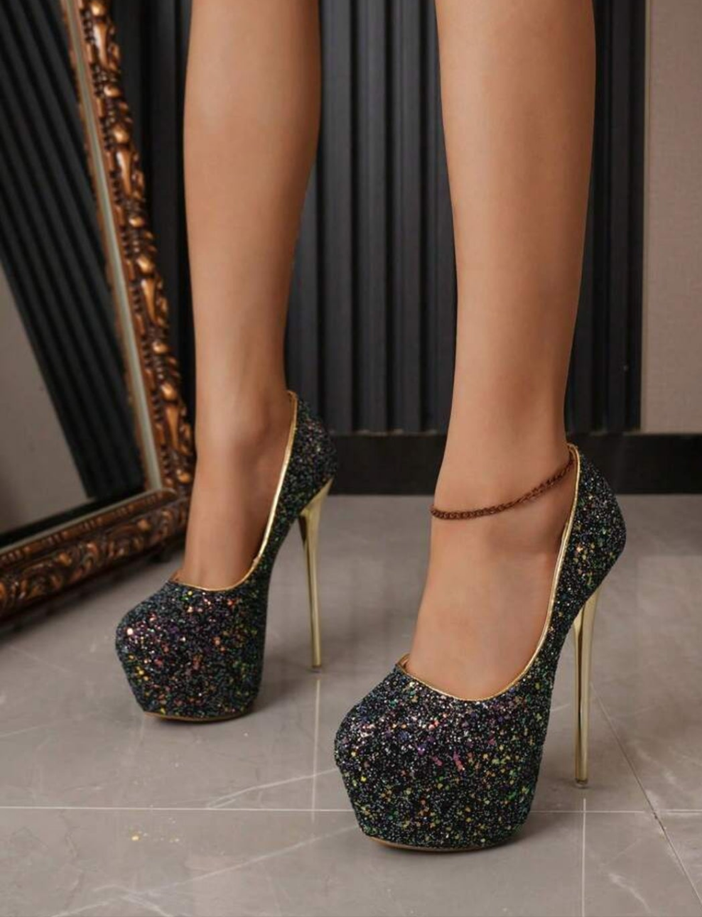 Stiletto Heel Shoes With Sequin, Platform For Dancing Performances