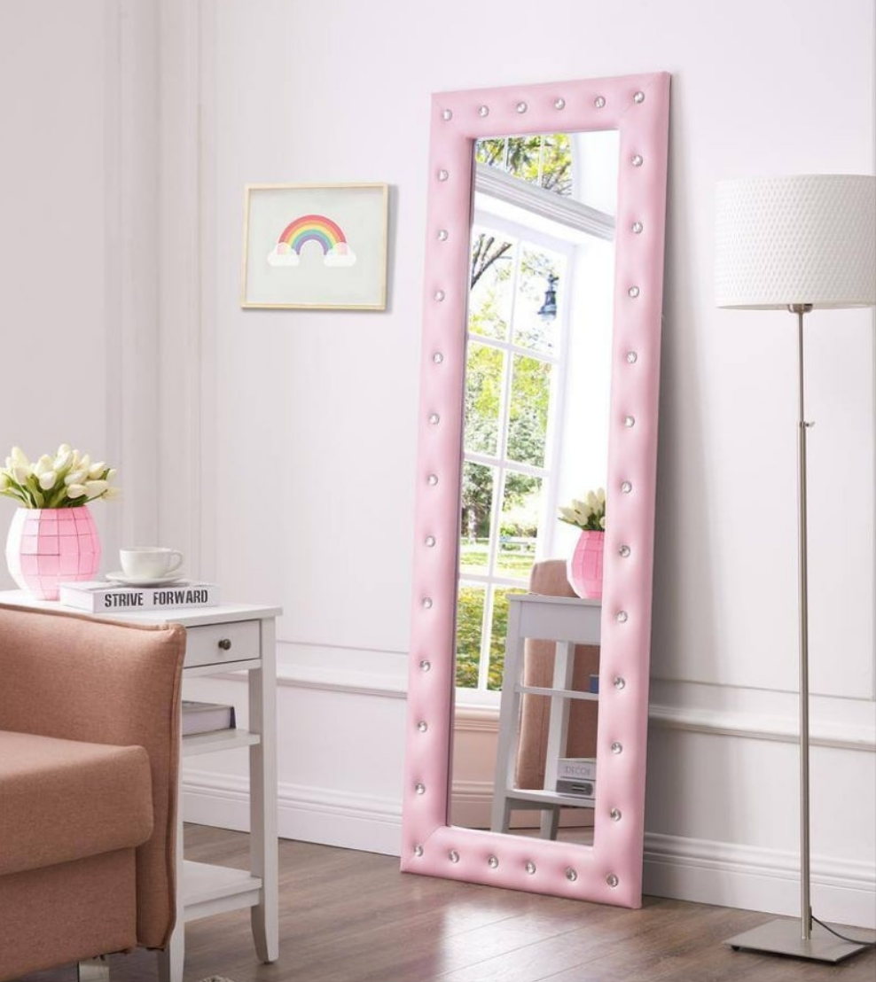 My 22 in. W x 63 in. H Modern Crystal Tufted Rectangle Framed Pink Leaning Mirror in beige as well